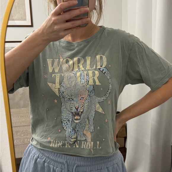 zutter Tops - Vintage Worn Look World Tour Graphic Tee - Muted Light Green Tshirt
